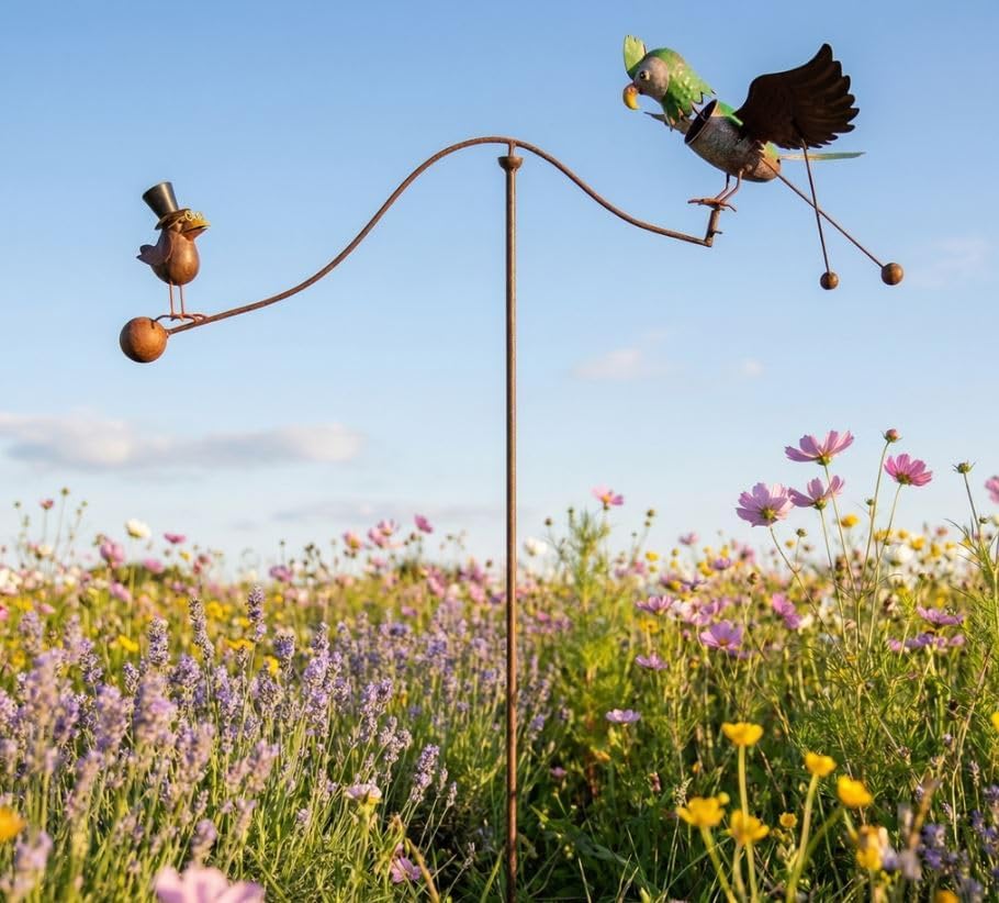 Rustic Metal Kinetic Two Bird Spinning Balancer Garden Stake with Wobbly Head Outdoor Yard Art Patio and Lawn Decoration - Image 2