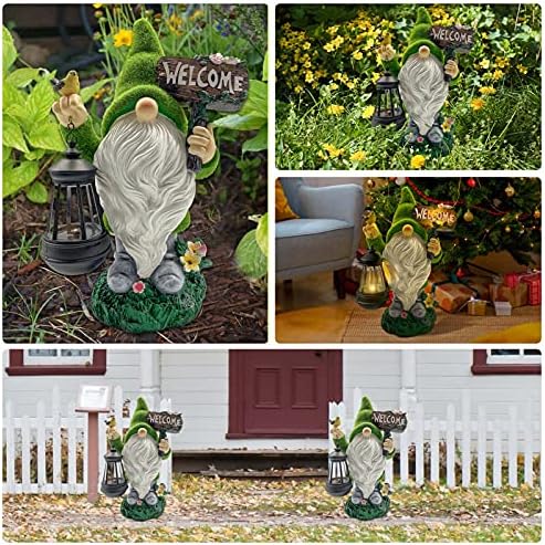 Lovinland Garden Gnome Statue Outdoor Decor Large Flocked Resin Gnome Figurine with Solar Light Holding Lantern Welcome Sign Garden Yard Decorations Dwarf Sculpture for Outside Patio Porch Lawn Decor - Image 6
