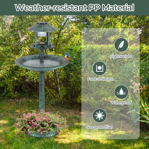LDAILY Outdoor Bird Bath, 42’’ Solar Lighted Pedestal Birdbaths with Birds Feeder ,20’’ Water Bowl, Flower Planters and 3 Stakes, Attract Birds Antique Bird Bath for Outside Garden, Yard (Green, 42‘’) - Image 5