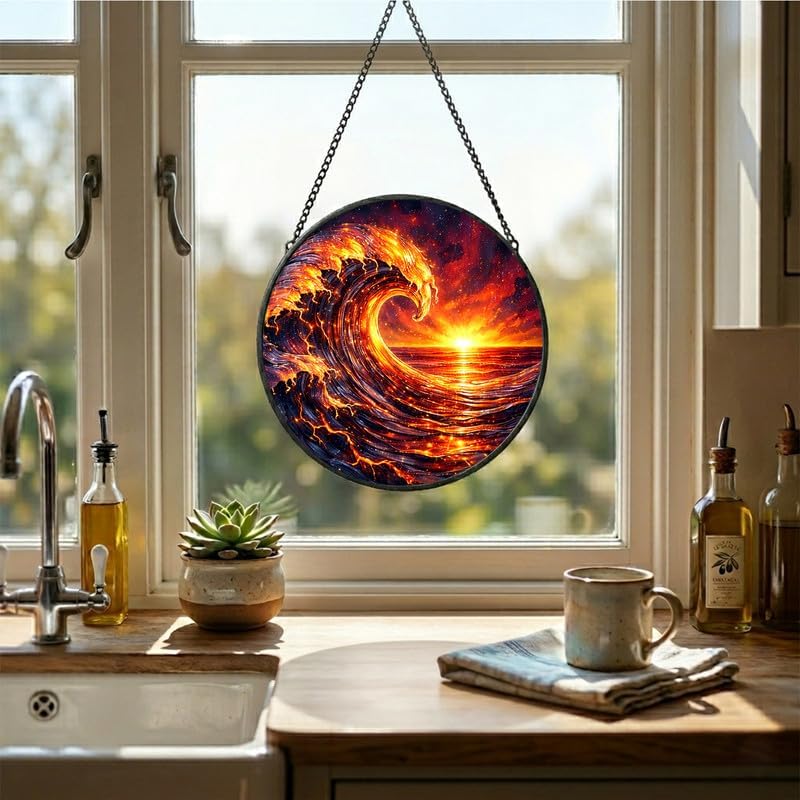 Stained Glass Window Hanging - 11.8" Fiery Ocean Wave and Sunset Suncatcher Glass Panel, Home Decorative Hanging Ornament for Kitchen or Garden, Ideal Gift for Mother, Wife or Women - Image 4