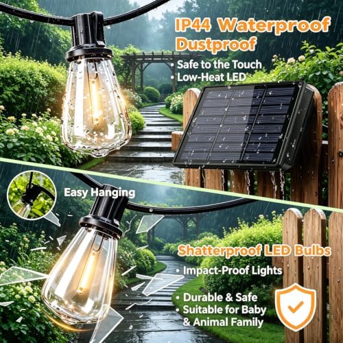30FT Solar String Lights Outdoor Waterproof with Remote and 15+1 Shatterproof Bulbs, Patio LED Solar Powered Hanging Lightings for Outside，Camping，Backyard, Garden, Porch Decor - Image 5