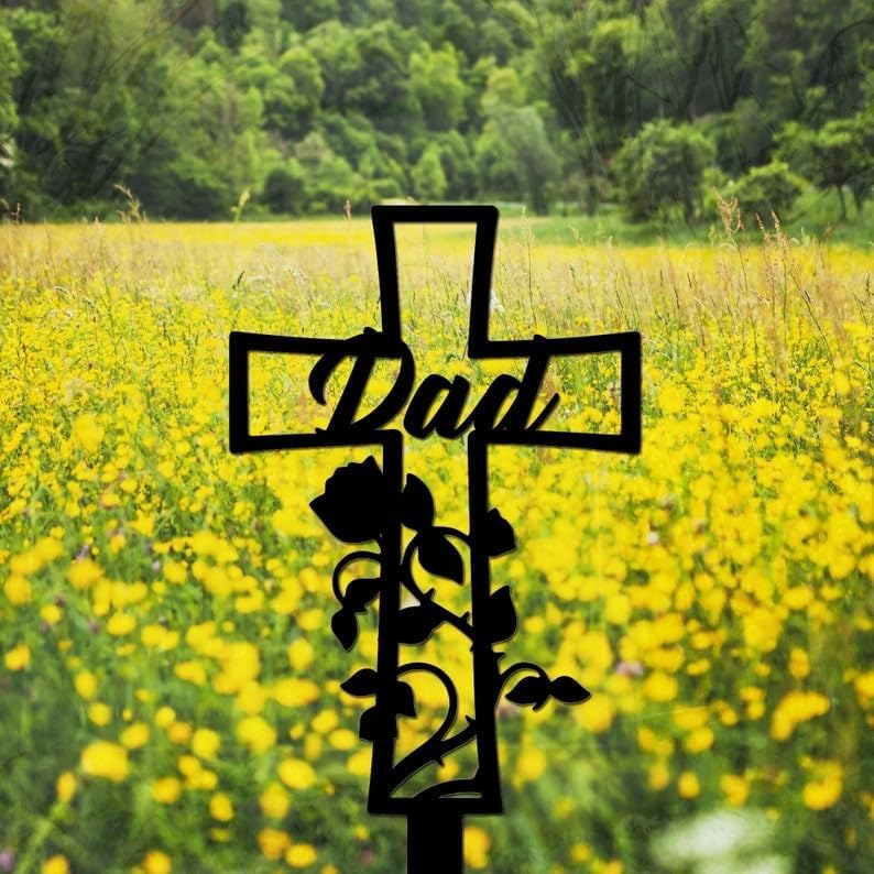 DINOMAN Personalized Memorial Plaques for Outdoors Rose Cross Grave Marker Metal Garden Stakes Mom Dad Memorial Gifts Sympathy Gifts for Loss of Loved One (Rose) - Image 5