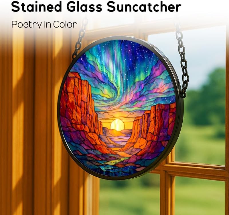 Stained Glass Window Hanging，Aurora Canyon Sunset 11.8in Sun Catchers Indoor Window, Home Decor Inside and Outside the Cottage, Gifts for Women - Image 2