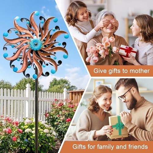 Solar Wind Spinner - Rustic Copper & Turquoise Kinetic Yard Art with Glass Globe - Vintage Metal Sunburst Wind Catcher Outdoor Garden Decor for Lawn, Patio, and Front Porch - Image 4