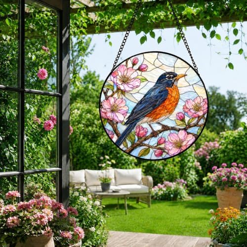 Robin and Cherry Blossom Stained Glass Window Hanging with Metal Chain - Image 7