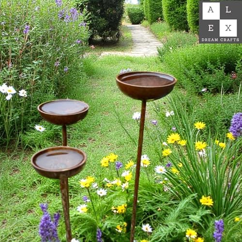 Rustic Metal Rain Catcher Bowl Set of 3 – Weatherproof Outdoor Garden Art, Decorative Iron Bird Bath Stakes, Yard Water Feature, Unique Gift for Nature Lovers - Image 2