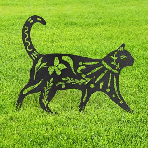 Floral Cat Metal Garden Stake Decorative, Elegant Floral Cutout Design Silhouette Gifts Statues for Yard Art, Outside, Patio, Outdoor Decor, Garden Decorations, Lawn Ornaments - 24" Black by SIGNLEADER