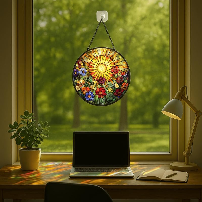 Stained Glass Window Hanging - Radiant Crystal Floral Sunburst 11.8in Sun Catchers Indoor Stained Glass Panels Wall Decor for Mom,Wife,Lovers,Festive - Image 5