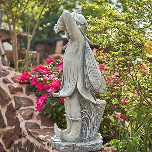 30" Tall Magnesium Fairy Statue with a Planter Side Basket (Antique White) - Image 5