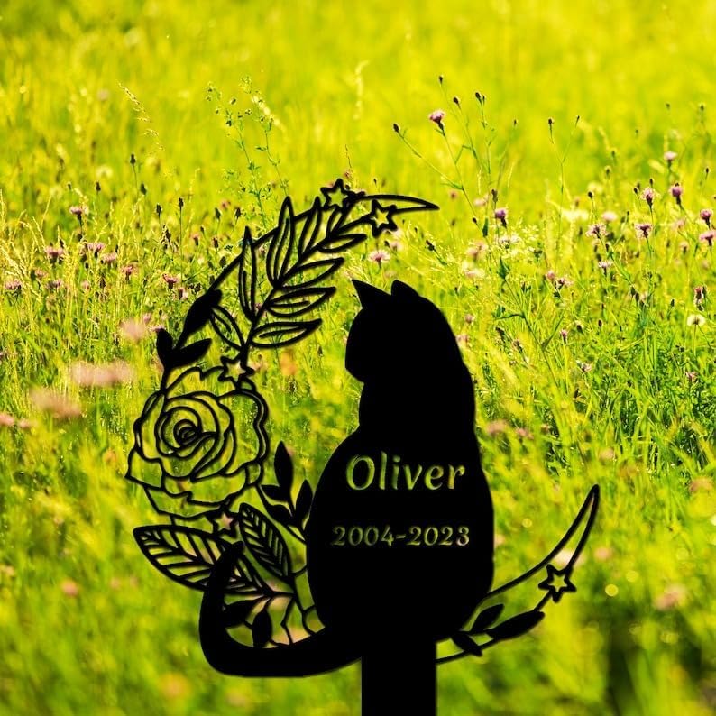 DINOMAN Personalized Cat Memorial Stake Cat Sitting on Floral Moon 12x12 inch Grave Marker Cat Loss Gift Sympathy Gift for Cat Lover (Cat) - Image 3