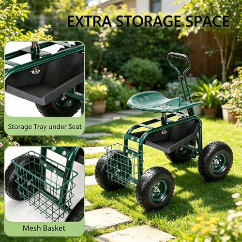 Rolling Garden Cart with Wheels, Gardening Stool with Basket,Adjustable Steering Handle, 360 Degree Swivel Seat for Yard,Patio,and Outdoor - Image 6