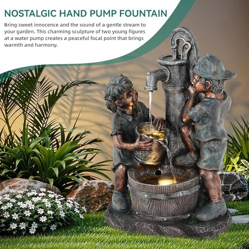 26" Boy and Girl Outdoor Fountain LED 3-Tier Cascading Waterfall - Image 3