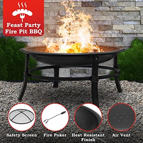 SINGLYFIRE 26 Inch Fire Pit for Outside Outdoor Wood Burning Firepit Bowl Heavy Duty Bonfire Pit Steel Firepit for Patio Backyard Camping Deck Picnic Porch with Spark Screen,Log Grate,Poker - Image 3