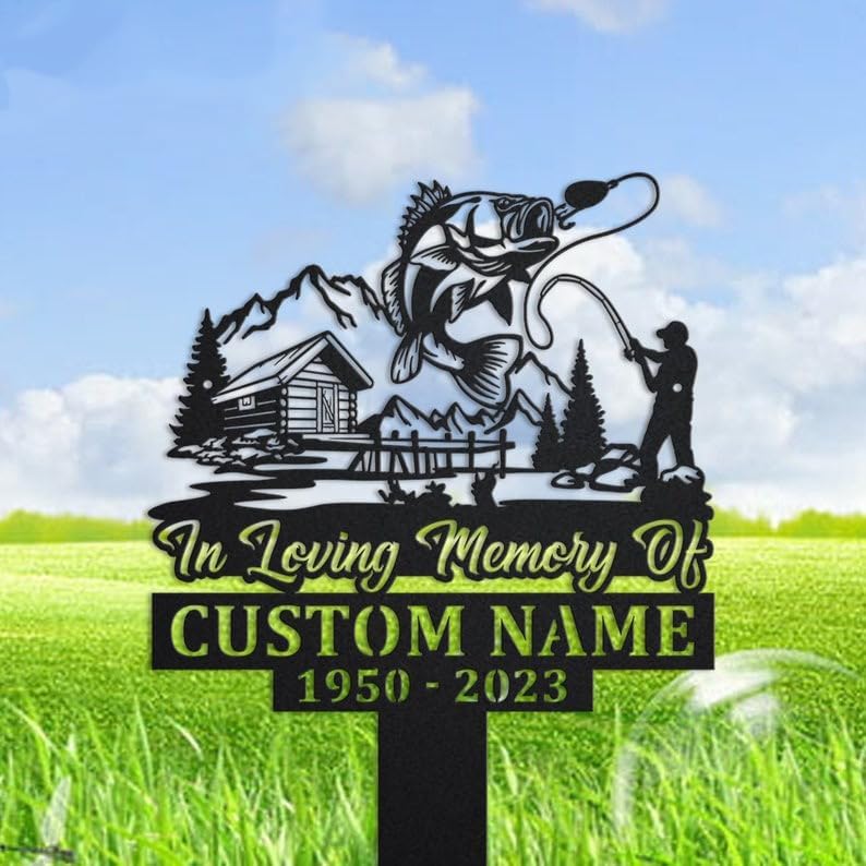 Personalized Memorial Plaques for Outdoors Mountain Cabin Scene Fisherman Grave Marker Metal Garden Stakes Fishing Lover Memorial Gifts Sympathy Gifts for Loss of Loved One (Fisherman 2) by DINOMAN