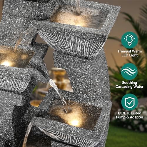 40.5" Outdoor Fountain LED 4-Bowl Cascading Waterfall, Gray - Image 4