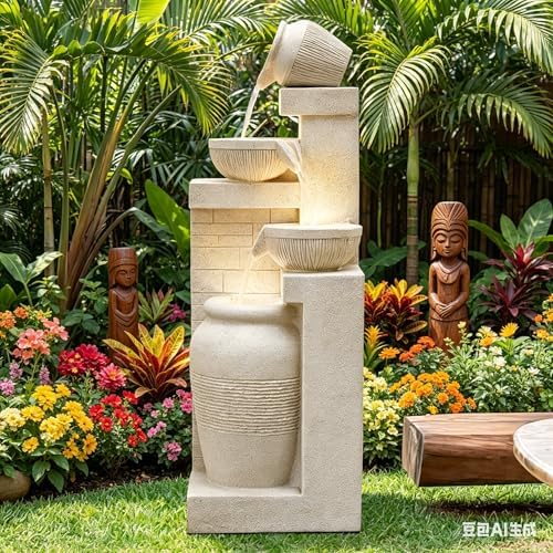 42.52" Outdoor Garden Water Fountain with Lights, 4 Tiers Water Feature by Desgmomy