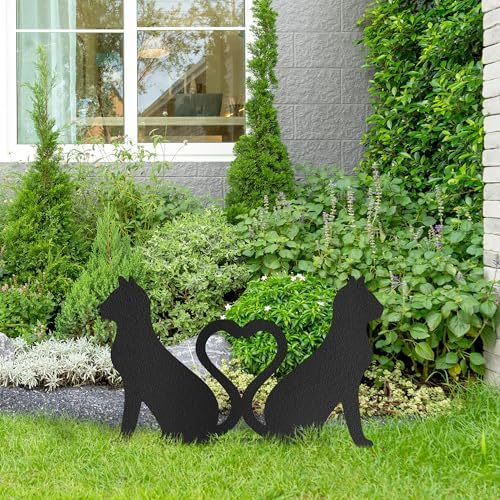 Dual Cat with Heart-Shaped Tails Metal Decorative Garden Stakes Cat Gifts for Cat Lovers Statues for Yard Art, Outside, Patio, Outdoor Decor, Garden Decorations, Lawn Ornaments - 12" Black - Image 4
