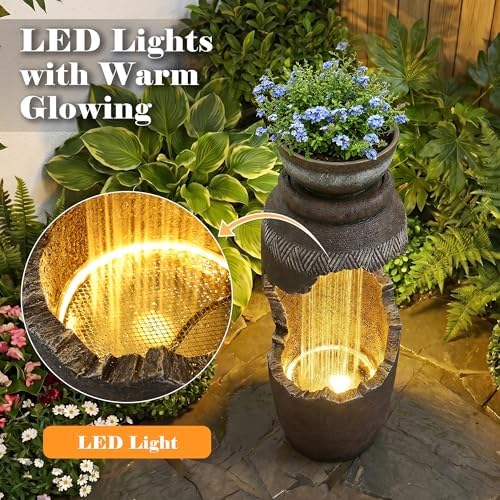 Outdoor Water Feature with Planter, Tiered Cracked Urn Water Fountain with Waterfalls, Garden Fountain with LED Lights for Patio, Yard, Porch and Home Décor, Terracotta Brown - Image 5