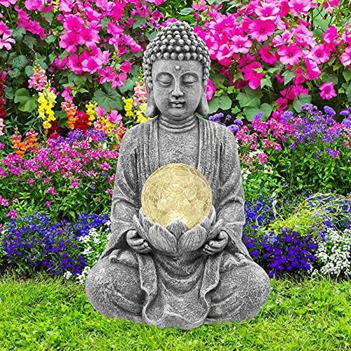 Nacome Meditating Buddha Statue with Solar Light,Zen Solar Garden Buddha with Cracked Glass Ball Sculpture-Indoor/Outdoor Decor for Balcony,Garden,Patio,Porch Yard Art Ornament,Gift by Nacome