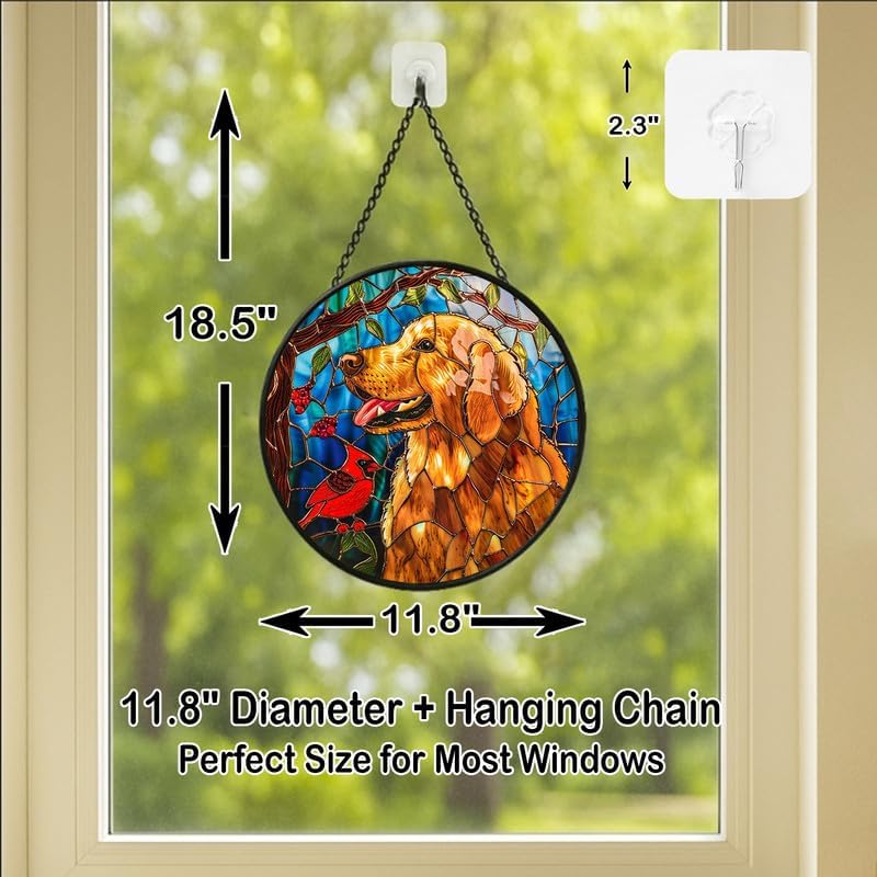 Stained Glass Window Hanging - Golden Retriever & Cardinal Bird 11.8in Sun Catchers Indoor Stained Glass Panels Wall Decor for Mom, Wife, Lovers, Festive - Image 4