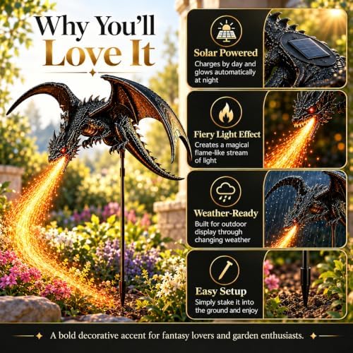 2027 New Solar Dragon Fire Garden Light, Dragon Garden Statue Stake with Breathing Fiber Optic Flame, Weatherproof Solar Outdoor Decor for Lawn, Pathway, Flower Bed & Patio - Image 6