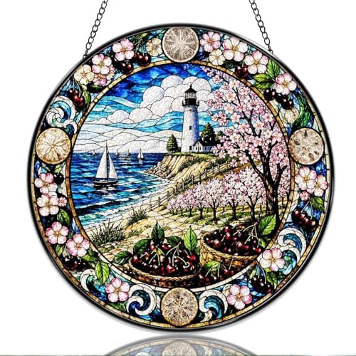 9.84 Inch Stained Glass Window Hanging Lighthouse Cherry Blossom Coastal Landscape Sun Catchers Ocean Breeze Lighthouse Cherry Blossom Suncatchers for Home Porch Garden Indoor & Outdoor Decor by Unknown