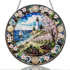 9.84 Inch Stained Glass Window Hanging Lighthouse Cherry Blossom Coastal Landscape Sun Catchers Ocean Breeze Lighthouse Cherry Blossom Suncatchers for Home Porch Garden Indoor & Outdoor Decor by Unknown