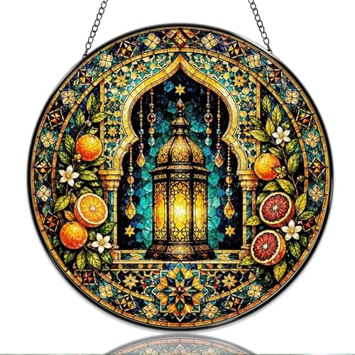 Stained Glass Window Hanging Moroccan Lantern and Orange Floral Mandala Sun Catchers Mediterranean Boho Art Glass Suncatchers for Home Porch Garden Indoor & Outdoor Decor (9.8x9.8 in) by Unknown