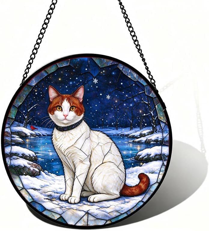 Stained Glass Window Hanging Turkish Van Cat Suncatcher Gifts for Mom 9.8" by Unknown
