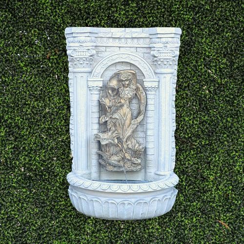 XBrand 30.3" Solar Outdoor Wall Water Fountain with Gold Flower Maiden Statue, Cascading Antique Stone Design, Garden & Patio Waterfall Feature, Polyresin Construction, Cream White - Image 3