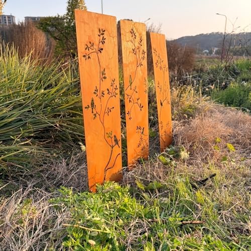 Rustic Metal Privacy Screens Set of 3, Rusty Iron Birds on Branches with Garden Stakes, Portable Standing Partition Panels for Garden, Wedding Decor - Image 2