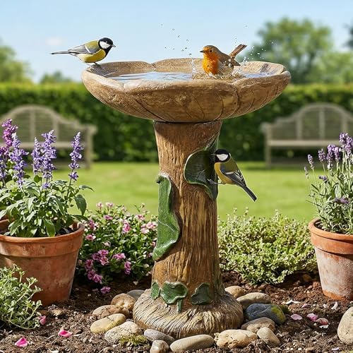 SunJet 24” High x 19” Diameter Outdoor Bird Bath with Tree Stump Leaf Design - Fibre Reinforced Concrete Birdbaths for Garden, Patio, Yard, Lawn Décor - Image 2