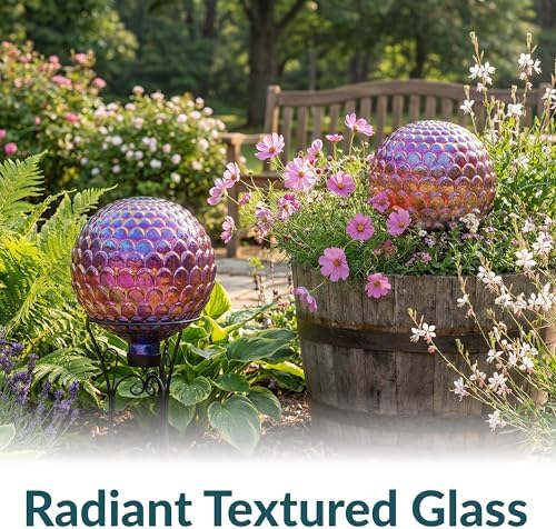 Sunnydaze 10" Gazing Balls for Garden, Red Scalloped Texture, 2pk - Image 2