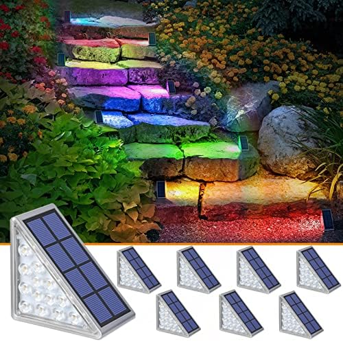 NIORSUN Solar Step Lights,8 Pack RGB Solid Color Changing Solar Stair Lights Outdoor Waterproof IP67 Auto On Off,Solar Lights for Steps,Stair,Patio,Yard,Porch,Front Door,Deck Decor by NIORSUN