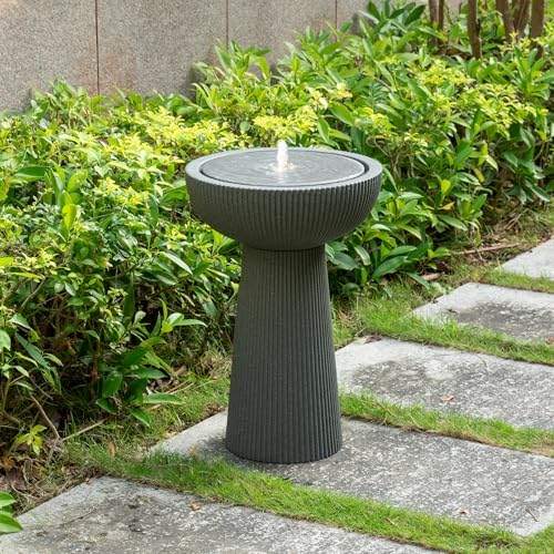 23.23" H Outdoor Water Fountain Made with Eco-Friendly Recyclable Materials, Polyethylene Bird Bath Bubbler Water Fountain Outdoor, Garden Decor with LED Light & Pump for Patio (Andesite) by PUULYE