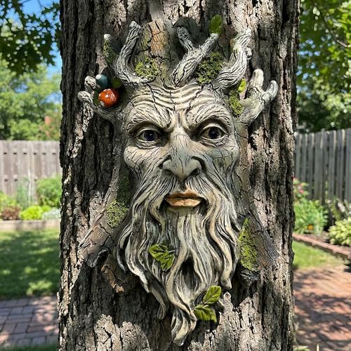 10" Whimsical Tree Face Sculpture, Garden Peeker Statue, Outdoor Trunk Tree Huggers Art, Landscape Accent Ornament, Hanging Fairy Elve Figurine for Yard Art, Trees Decor Wall Mounted Statues - Image 2
