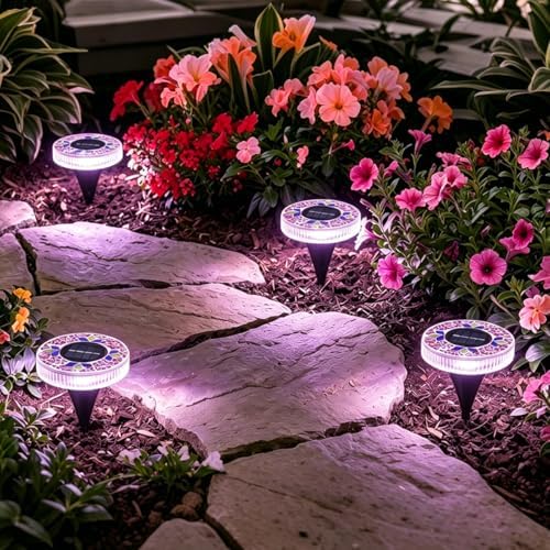 Solar Mosaic Disk Lights Outdoor, Waterproof Mosaic Glass Decorative Solar Garden Lights Auto On/Off, Decorative LED Pathway Lamp for Garden Walkway Patio Yard (Yellow) - Image 6
