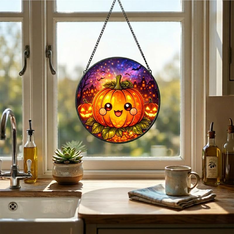 Stained Glass Window Hanging - 11.8" Pumpkin Halloween Suncatcher Glass Panel, Cute Smiling Jack-O'-Lantern Decorative Hanging Ornament for Kitchen or Garden, Ideal Gift for Mother, Wife or Women - Image 4
