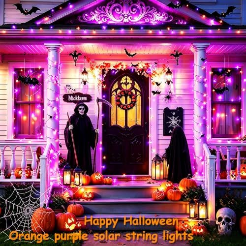 Jedavai 6Pack 240FT 600 LED Solar Halloween String Lights, Orange & Purple Solar Lights Outdoor with 8 Lighting Modes Waterproof Solar Fairy Lights for Garden Yard Patio Party Tree Decoration - Image 3