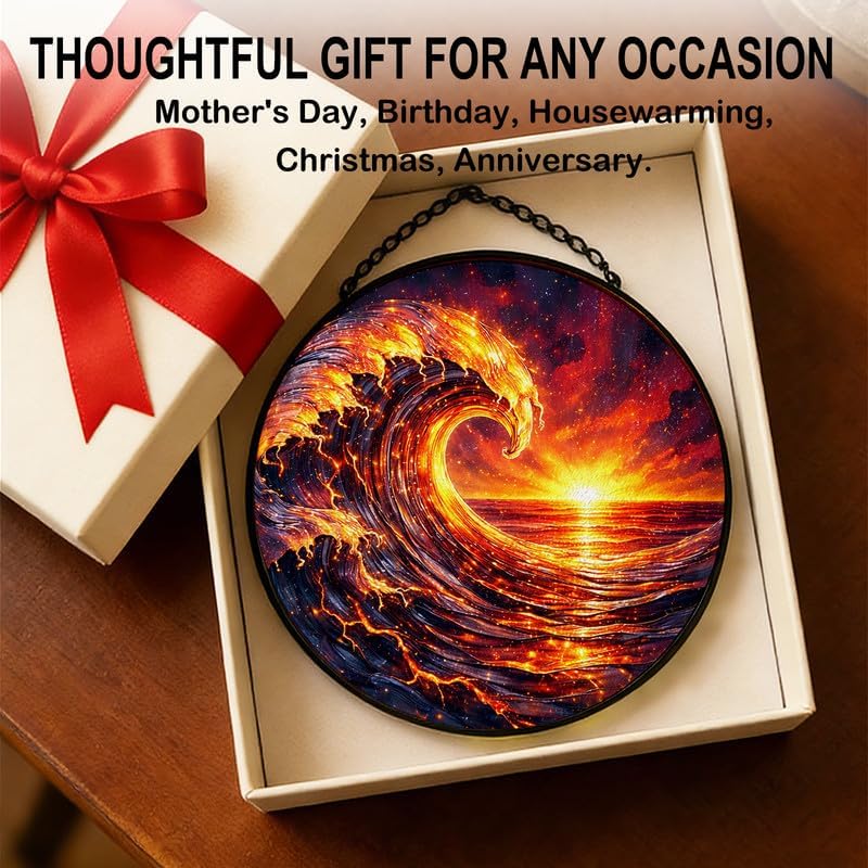 Stained Glass Window Hanging - 11.8" Fiery Ocean Wave and Sunset Suncatcher Glass Panel, Home Decorative Hanging Ornament for Kitchen or Garden, Ideal Gift for Mother, Wife or Women - Image 7