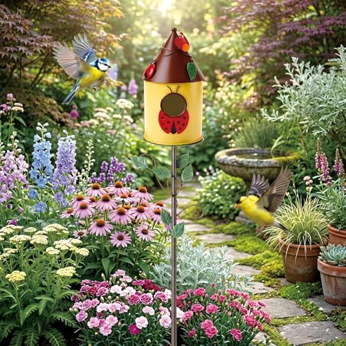 Frienda 57 Inch Bird Houses for Outside with Pole, Durable Metal Wild Bird Feeder with Stand, Decorative Ladybug Birdhouse Stake Easy to Install for Attract Birds Garden Patio Decor - Image 6