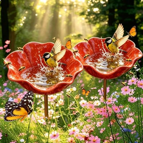 Dots Bee Blossoms for Water, 2PCS Poppy Bird Bath Stake, Outdoor Pollinator Handmade Metal Flower Garden Stake, Mini Bird Bath & Bee Watering Station for Outdoor Garden Courtyard Decor (Red) by lfjfaecx