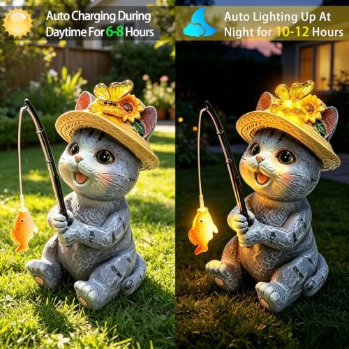 Solar Garden Cat Statues, Outdoor Fishing Cat with Butterfly Solar Lights - Image 3