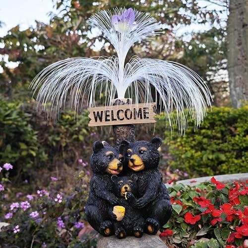 Solar Bear Garden Statues,Resin Black Bear Family Figurine with Welcome Card and 7-Color Changing Optical Fiber with Solar Lights, Lawn Decor Outdoor Statue for Patio,Balcony,Yard,Lawn - Image 2