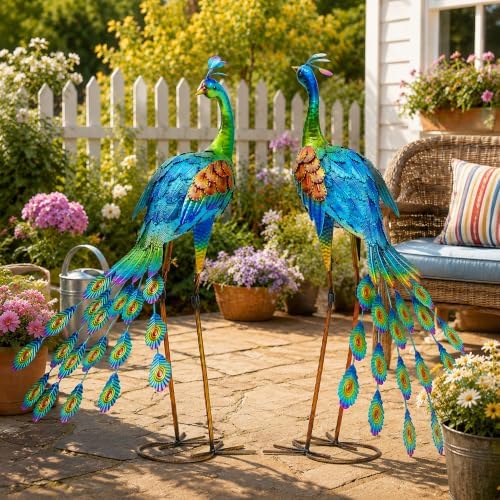 32" Peacock Decor Metal Yard Art Set of 2,Large Outdoor Statue - Image 2