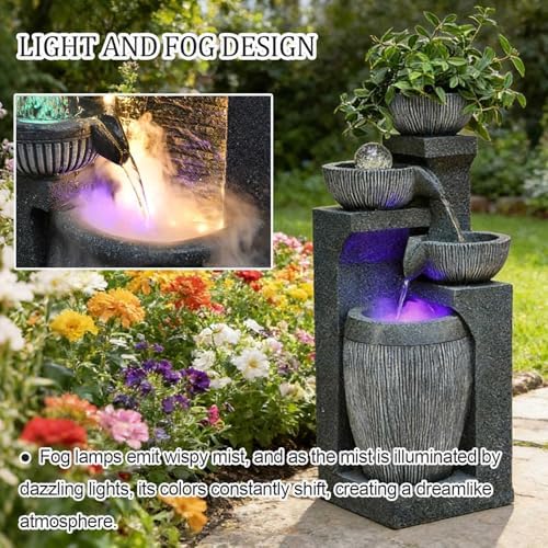 26.8" Tall Water Fountain Outdoor Garden, 4 Tiers Modern Cascading Bowls Water Fountain Outdoor Indoor Garden with LED Lights & Atomizer for Patio, Deck, Porch, Backyard Art Decor,C - Image 6