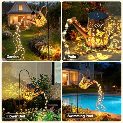 Solar Lanterns Outdoor Decorative: Metal Butterfly Watering Can with Cascading LED Lights and Hook - Waterproof Hanging Garden for Yard Patio Decor - Birthday Gardening Gifts for Women - Image 7