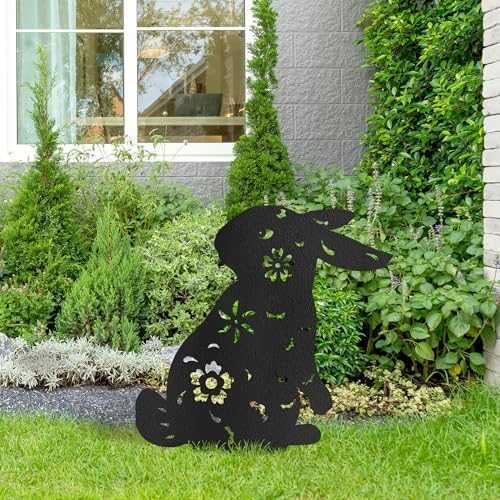 Floral Rabbit Metal Garden Stake Decorative, Elegant Floral Cutout Design Silhouette Statues for Yard Art, Outside, Patio, Outdoor Decor, Garden Decorations, Lawn Ornaments - 16" Black - Image 4