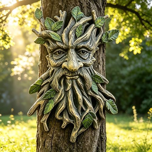 Whimsical Tree Face Garden Decoration ，Tree Faces Decor Outdoor Wallmounted Statue Art with Leaf Features, Outdoor Decor Garden Accessory (Nature and Outdoors) by KARSTSYLVA