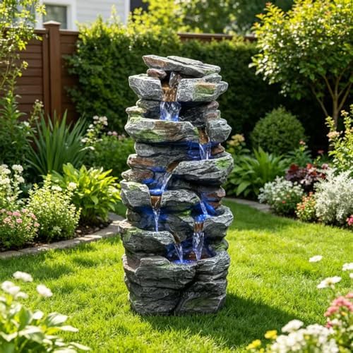 23.6" Cascading Tiered Rock Outdoor Water Fountain with LED Lights, Resin Stone Garden Water Feature with UL-Certified Pump for Patio, Lawn, Backyard, Balcony and Porch Decor by HakGak